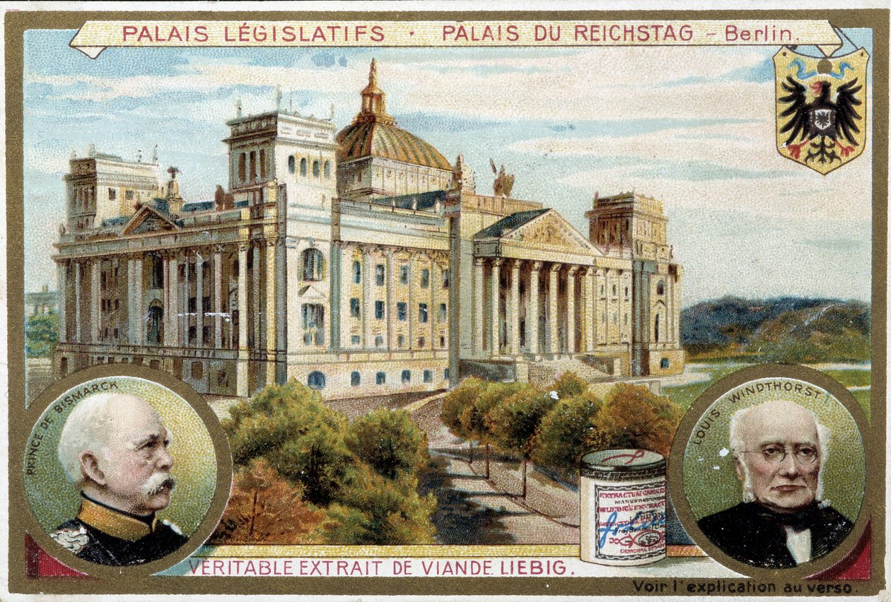 Rigsdagspaladset i Berlin og portrætter af Bismarck og Windthorst - Reklamemærke Liébig, v.1900 af Unknown artist