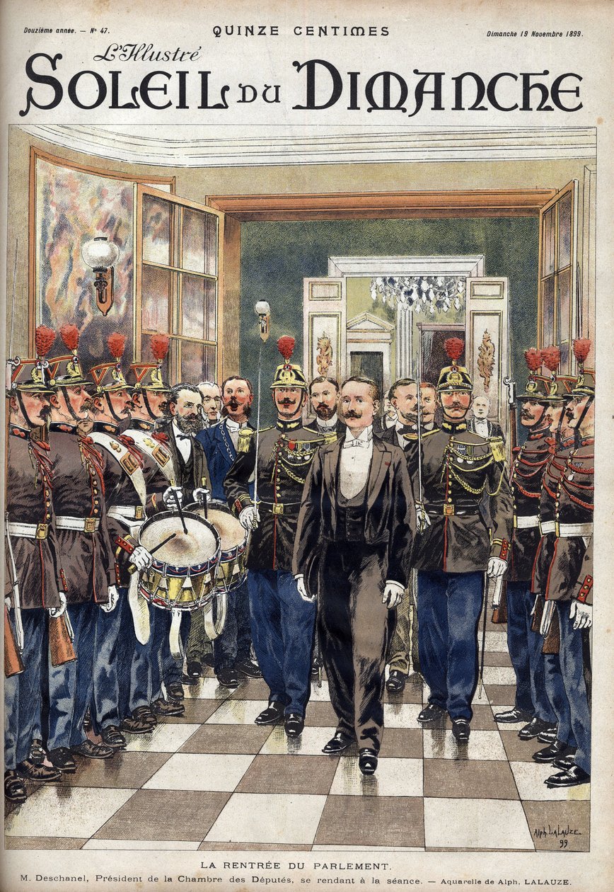 Parlamentets Rentree; Paul Deschanel (1855-1922), formand for Deputerethuset, der deltog i mødet. Indgravering i "" Le sun-du-dimanche"", 19. november af Unknown artist
