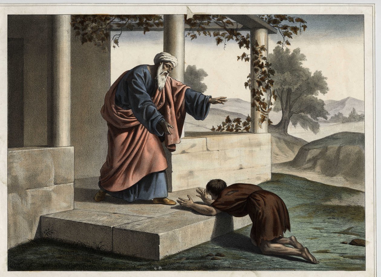 The Return of the Prodigal Son - Lignelsen om den fortabte søn: det fortabte barns tilbagevenden til sin far. Anonym stik fra midten af 1800-tallet. af Unknown artist