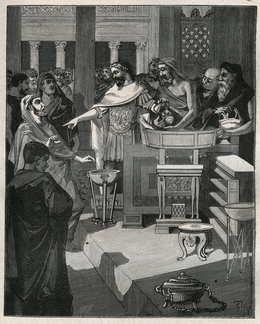Den romerske kejser Caligula (12-41) i en brocanter i romersk Gallien. Indgravering fra 1885 i "" Les arts et metiers illustres"" af Adolphe BITARD. af Unknown artist