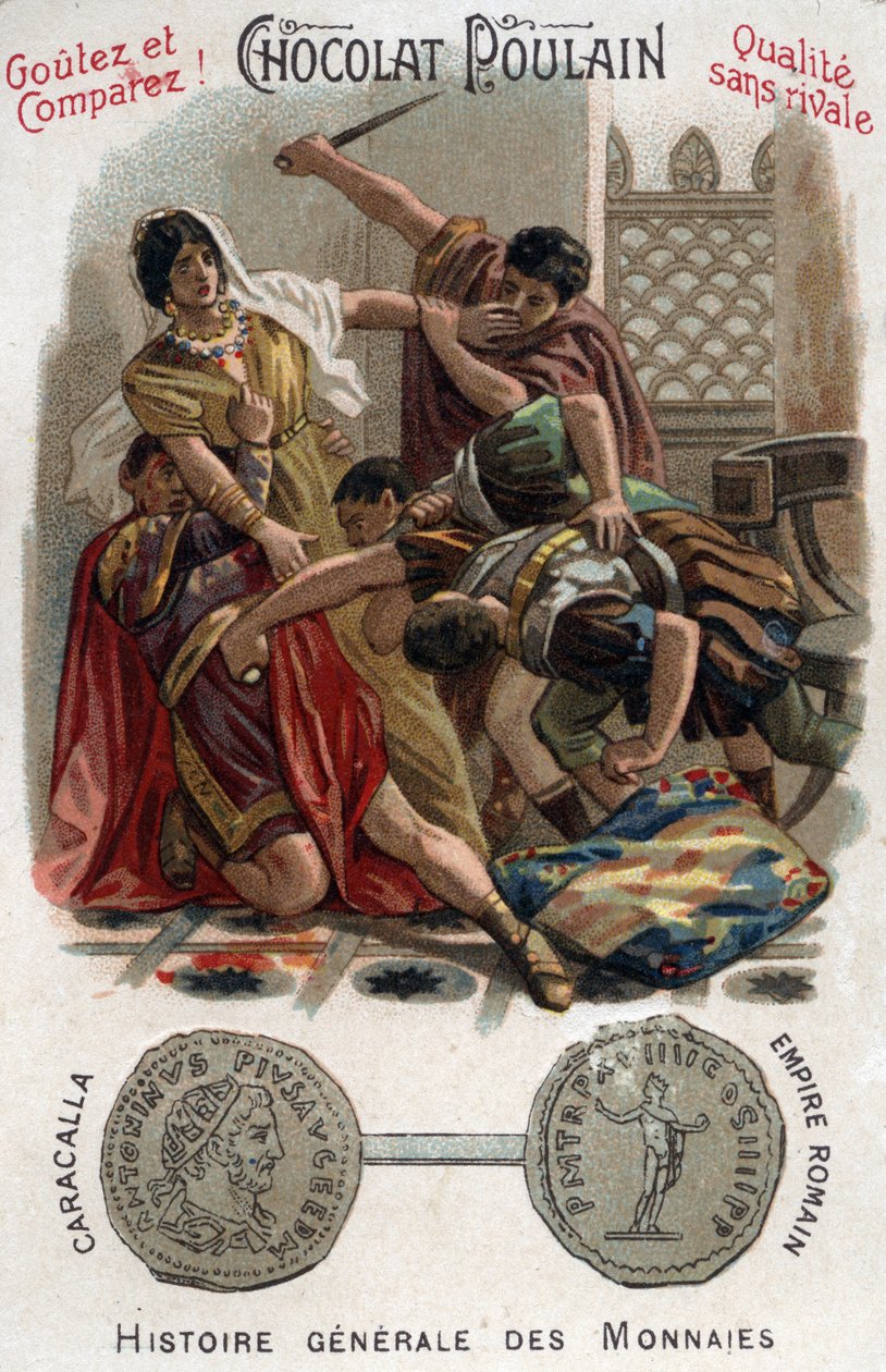 Den romerske kejser Caracalla (188-217) myrdede sin bror Geta i sin mors arme. I almindelig mønthistorie. Chokolade-føl kromolitografi fra slutningen af det 19. århundrede. Privat samling. af Unknown artist