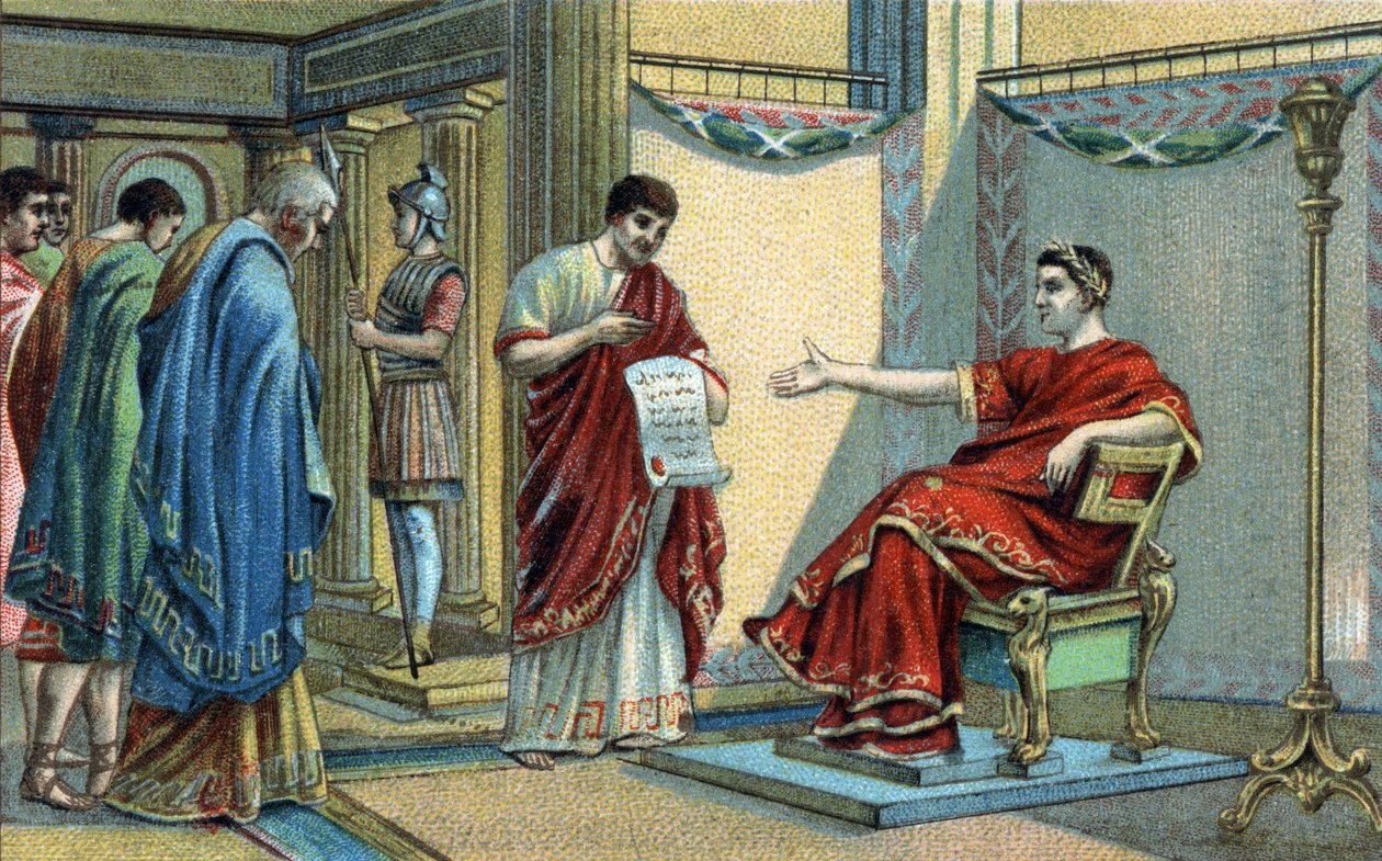 Den romerske kejser Konstantin (272-337) etablerede de første religiøse love om ligestilling af tro. Kromolitografi i slutningen af det 19. århundrede. af Unknown artist