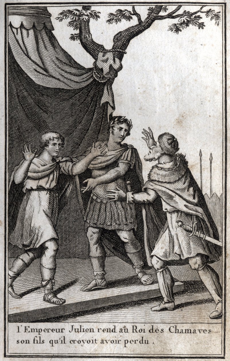 Den romerske kejser Julian (Flavius Claudius Julianus, Julian den Frafaldne, Julian Filosoffen, Julian II) (332-363) giver tilbage til kongen af det germanske folk i Chamaves sin søn, som han troede, han havde mistet. 4. århundrede. Indgravering i "Beaute  af Unknown artist