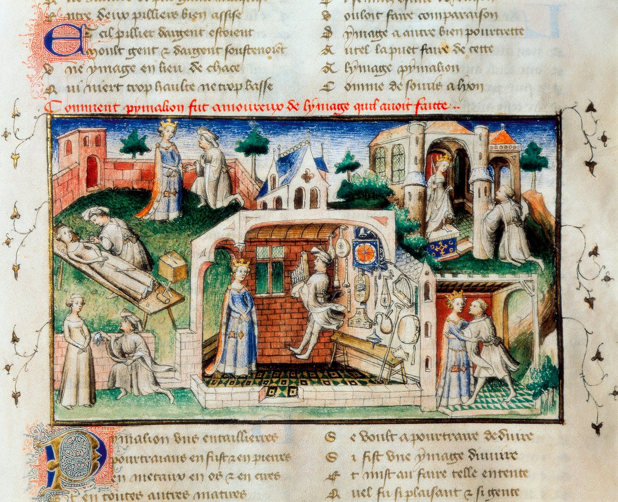 "" The Roman of the Rose "": "" Hvordan Pygmalion forelskede sig i den statue, han havde lavet "". Miniature af det 14. århundrede. Valencias universitets bibliotek. af Unknown artist