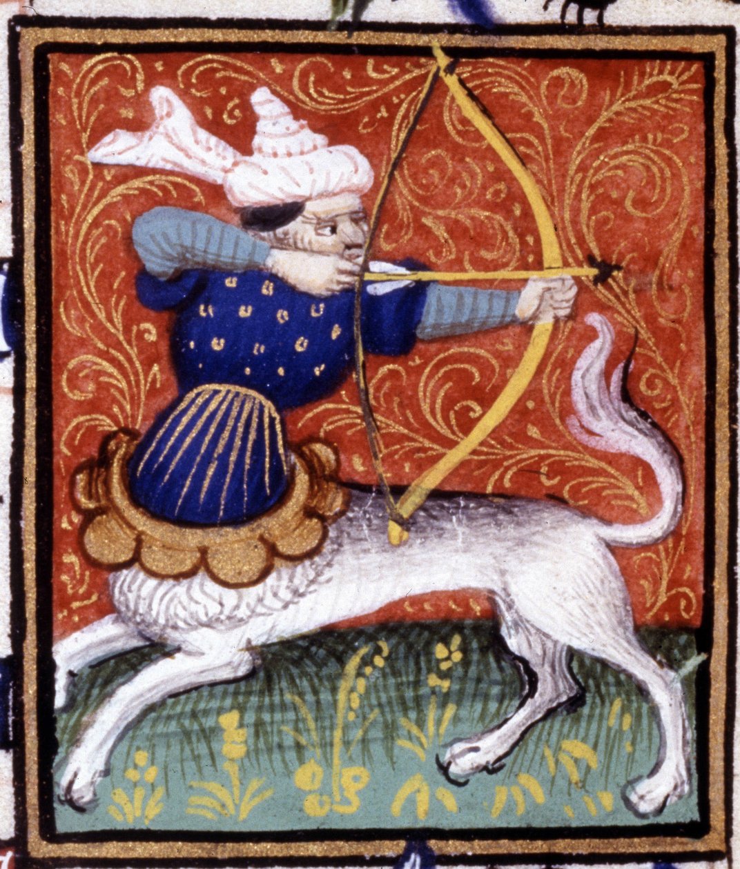 Skytten. Miniature af et horoskop. 15. århundredes manuskript. Bibl. Trivulziana, Milano. af Unknown artist
