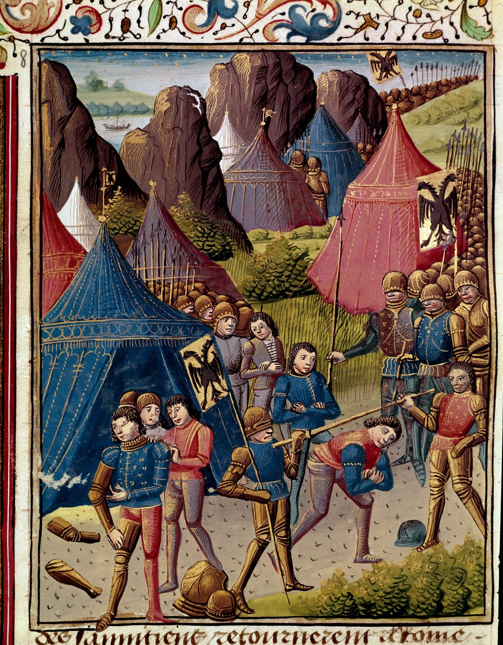 Samniterne går til romernes miniature fra "" romersk historie"" (Ad urbe condita) af Tite Live (59 f.Kr.-17 e.Kr.) (Titus Livius), oversat af Pierre Bressuire (ms. 310) 1450-1500 Chantilly, Musee Conde af Unknown artist