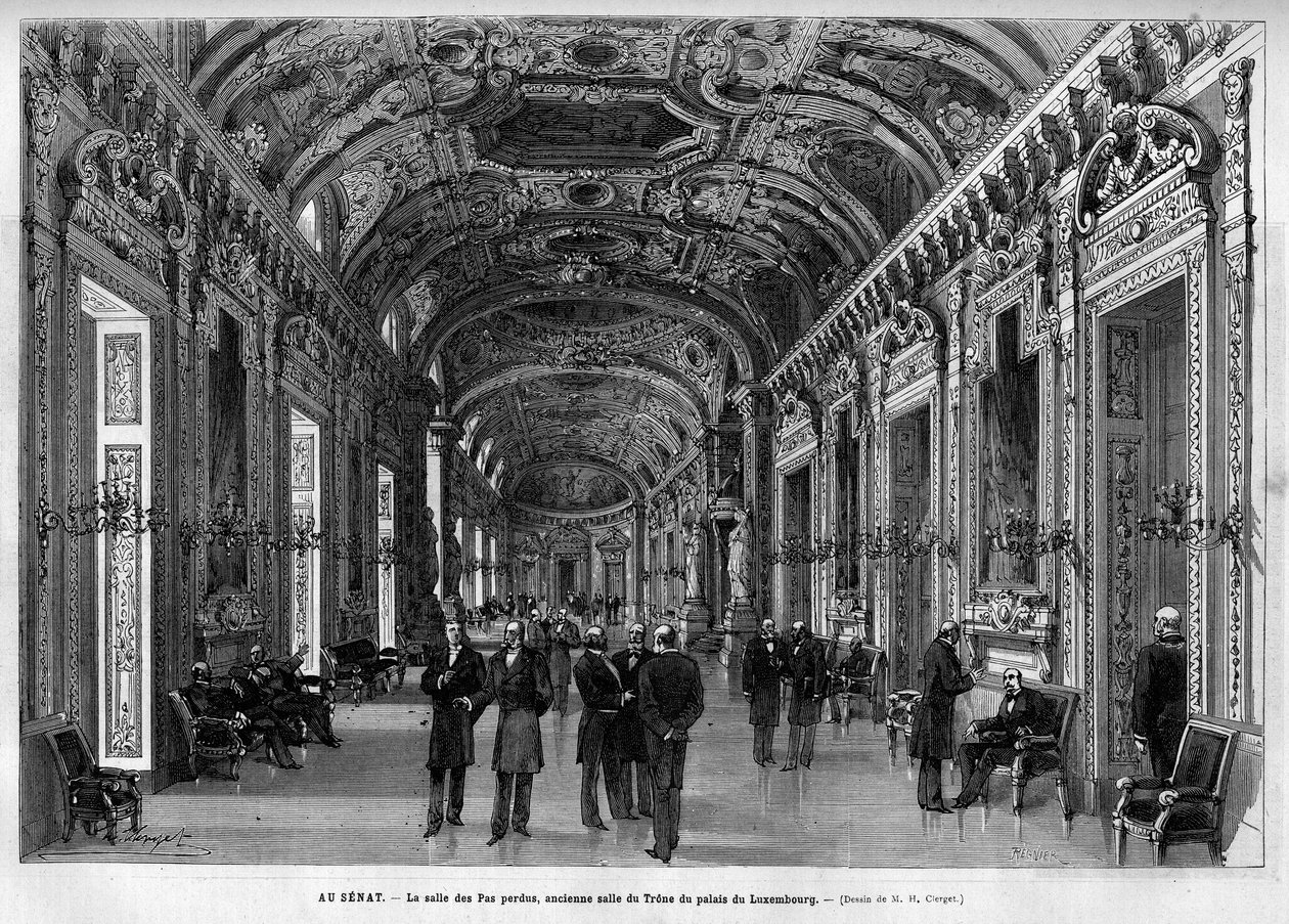 Senatets lobby, tidligere Throne Hall, Palais du Luxembourg. Indgravering i "" Le Monde illustrious"" 1883. Privat samling. af Unknown artist