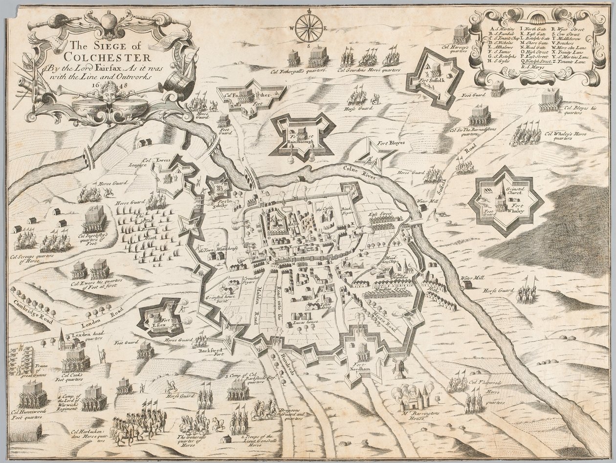 The Siege of Colchester af Lord Fairfax, som det var med line og outworks 1648 (gravering) af Unknown artist