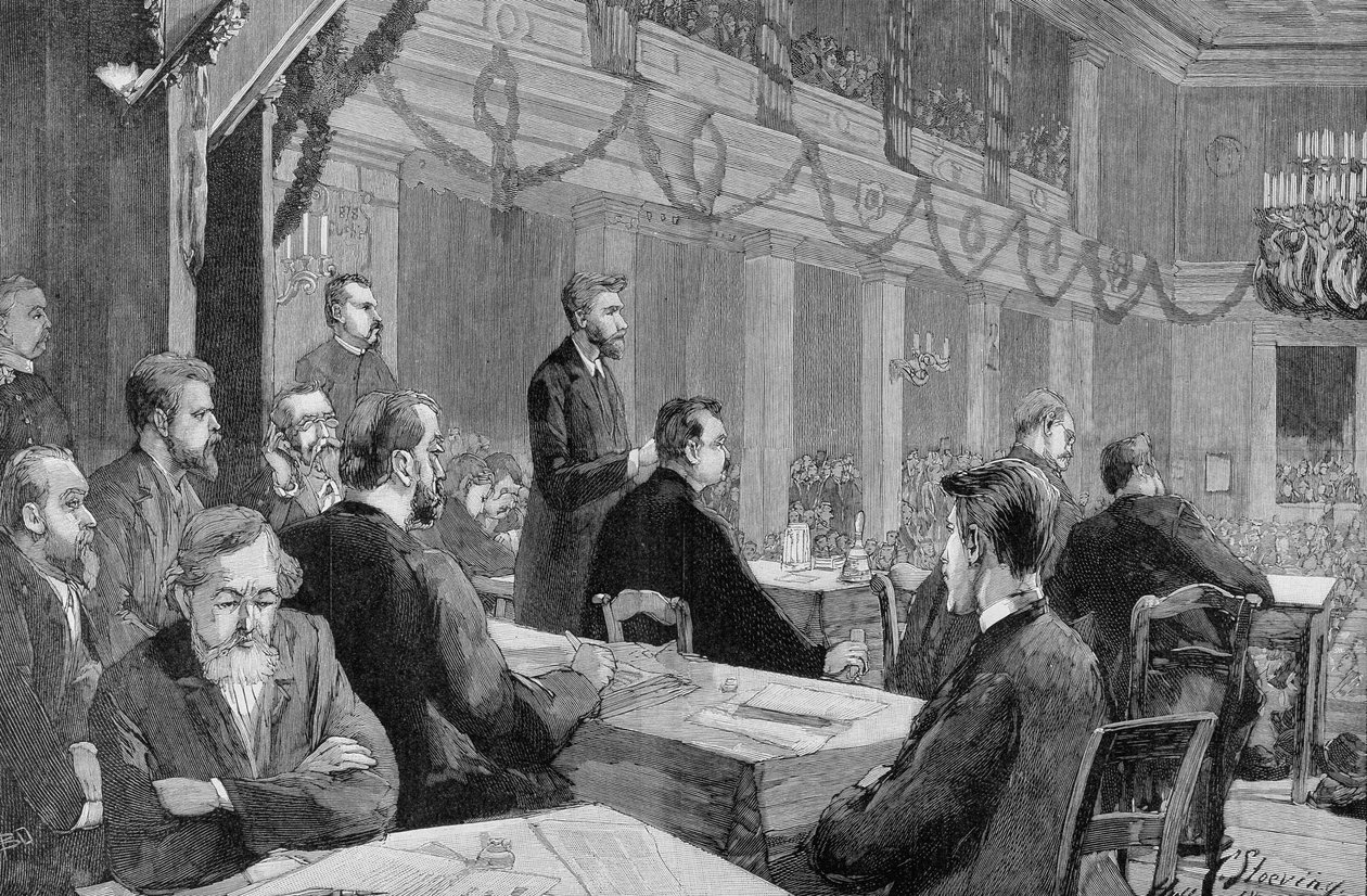 Den socialistiske kongres i Halle (Sachsen) i 1890 i nærværelse af August Bebel, gravering af 1890. af Unknown artist