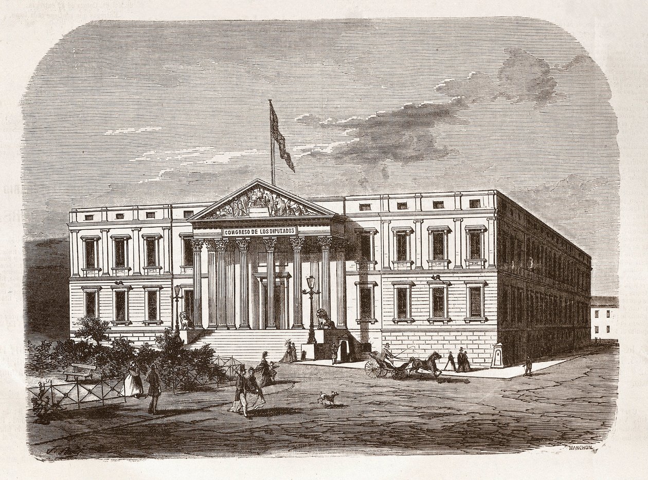 Det spanske parlament (Congresso de los diputados), Madrid. Gravering 1800-tallet. af Unknown artist