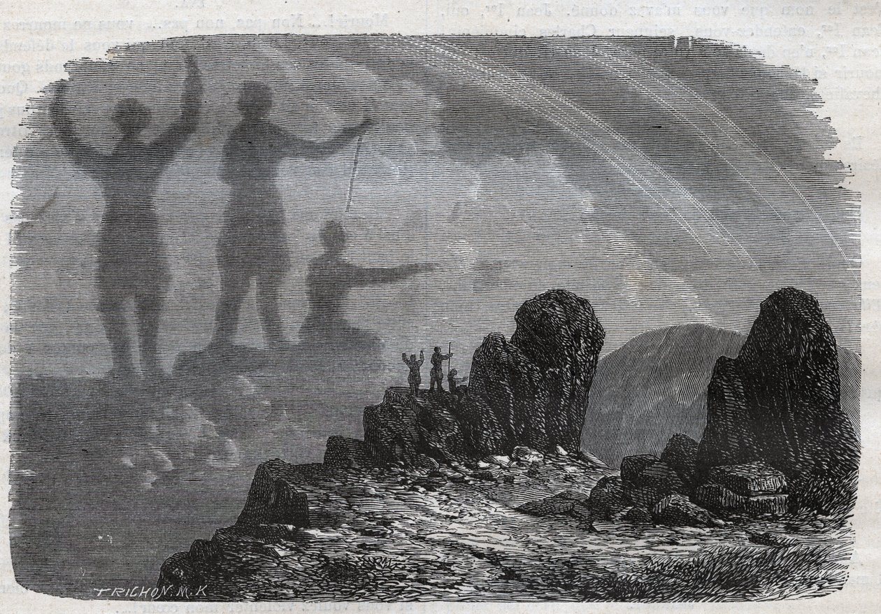 The Specter of the Brocken in the Harzen - Brocken spectrum eller Brocken spectrum - gravering fra 1877 af Unknown artist