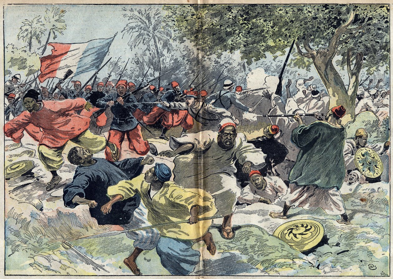 De sudanesiske tropper fra Samory Toure (ca. 1835-1900) blev placeret bag bredden af Cavalby-floden af en fransk koloni under løjtnant Walfel. Sudan, 9. september 1898. Illustration i "" Le Pelerin"" af 9. oktober af Unknown artist