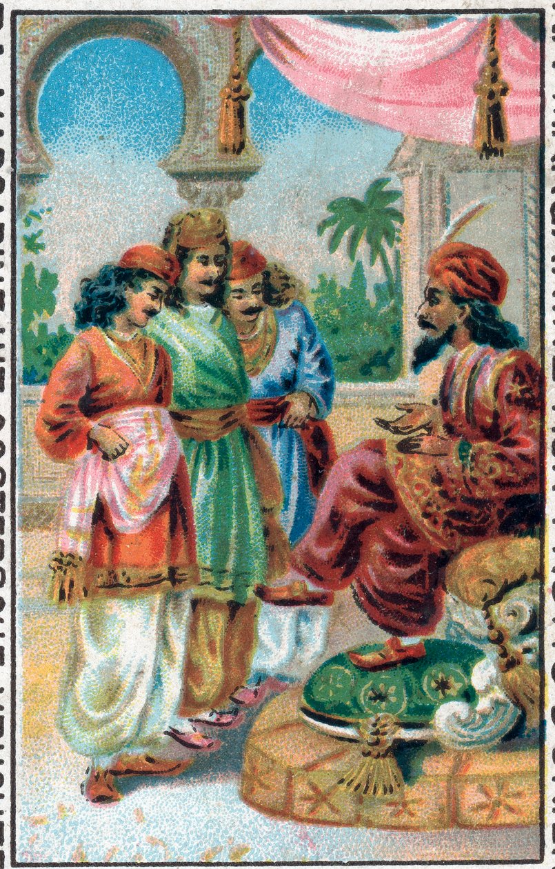 Sultanen og hans sønner. Historien om Prins Ahmed og gebyret Paris-Banou (Pari Banou) (Paribanu). Fortælling om 1001 nætter (fortællinger om de tusinde og en nat). Kromolitografi i slutningen af det 19. århundrede. af Unknown artist
