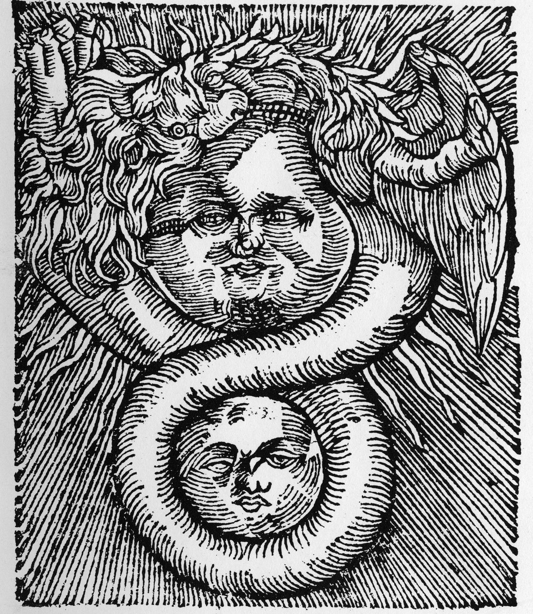 Solen og månen: forenet af dragen - gravering fra Basil Valentines værk "Filosofernes Azoth". Paris af Unknown artist