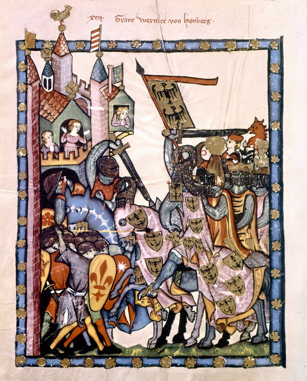 Den schweiziske digter og ridder Graf Werner von Homberg (1284-1320) i tjeneste for kejser Henrik VII belejrede en højborg forsvaret af Angevine-tropperne på Sicilien. Miniature af Codex "Manesse", eller "Manessesche Liederhandschrift", som er et manuskrip af Unknown artist
