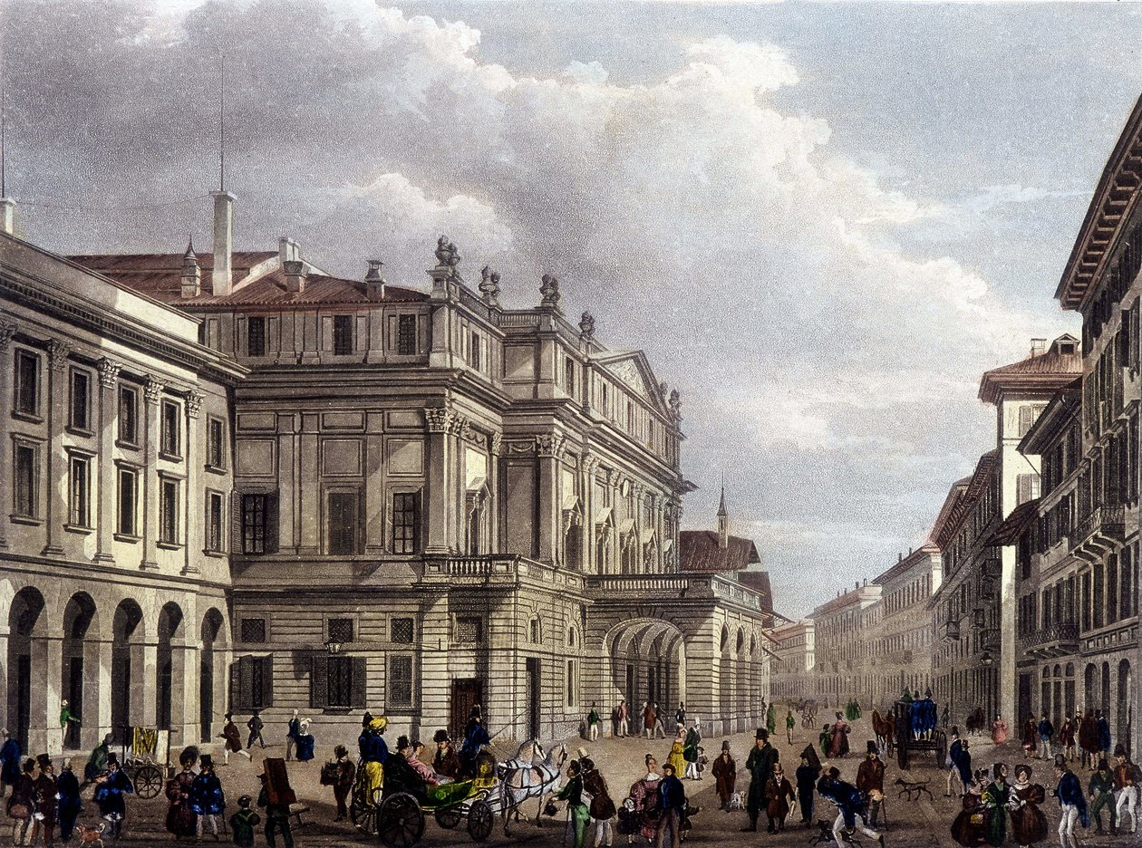 Teatro alla Scala i Milano i begyndelsen af det 19. århundrede. Indgravering af perioden. Museo della Scala de Milan af Unknown artist