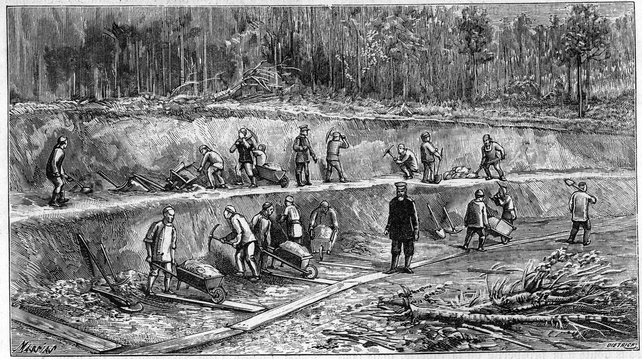 Den transsibiriske jernbane: Kinesiske arbejders websted. (Fra et fotografi). Indgravering i "" Nature: gennemgang af videnskaberne og deres anvendelser på kunst og industri "" af 5. oktober 1895. af Unknown artist