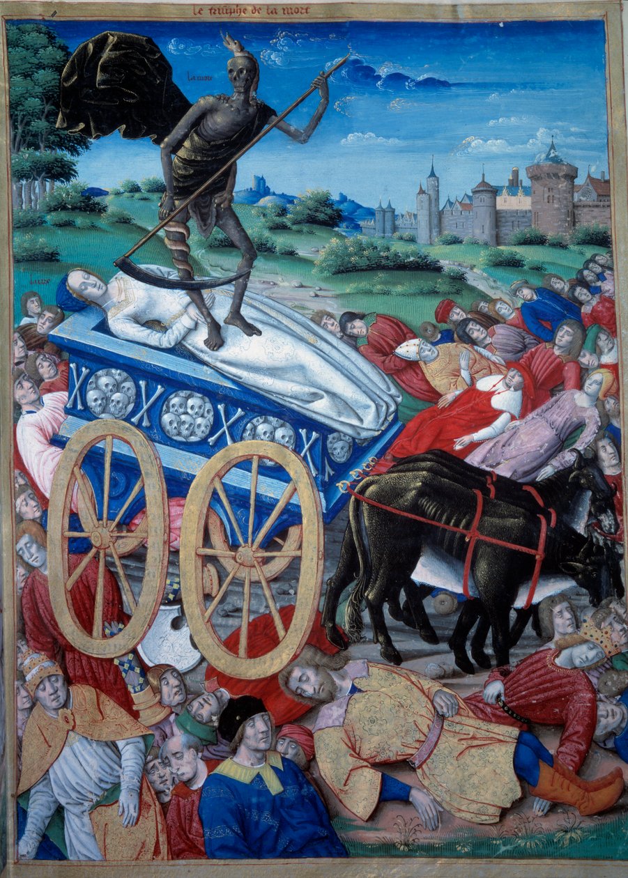 Dødens triumf. Allegorisk fremstilling af Døden med en falsk på et hitch, lig ligger på jorden. Miniature fra "Triumfer, sonetter og sange" af Petrarch (Francesco Petrarca af Unknown artist