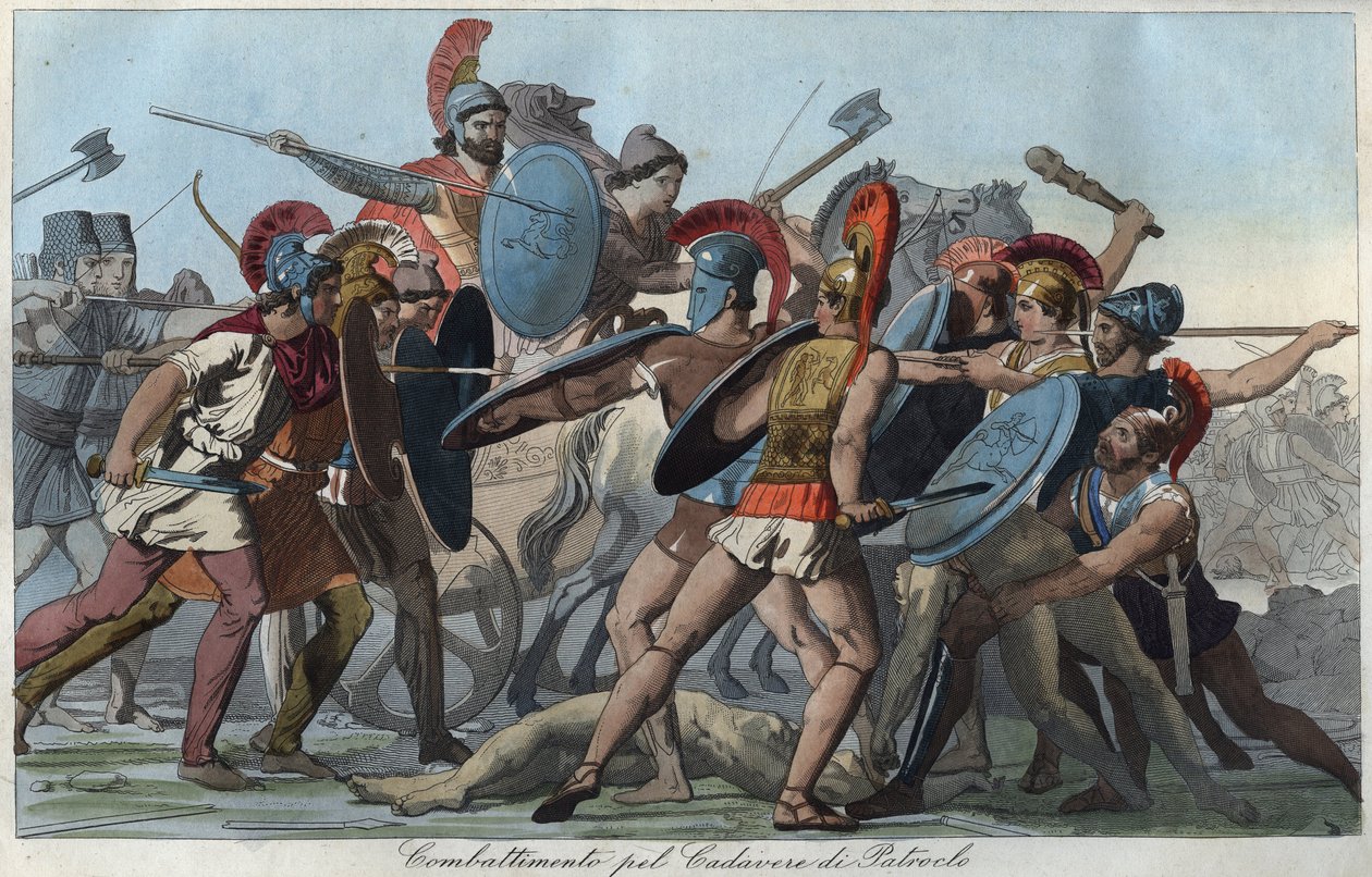 Den trojanske krig - Kamp om liget af Patroclus - indgravering fra "" Skikke og skikke for alle folk i universet. Det vil sige historien om regeringen, lovene, militsen, om alle nationers religion fra de fjerneste tider til i dag "18 af Unknown artist