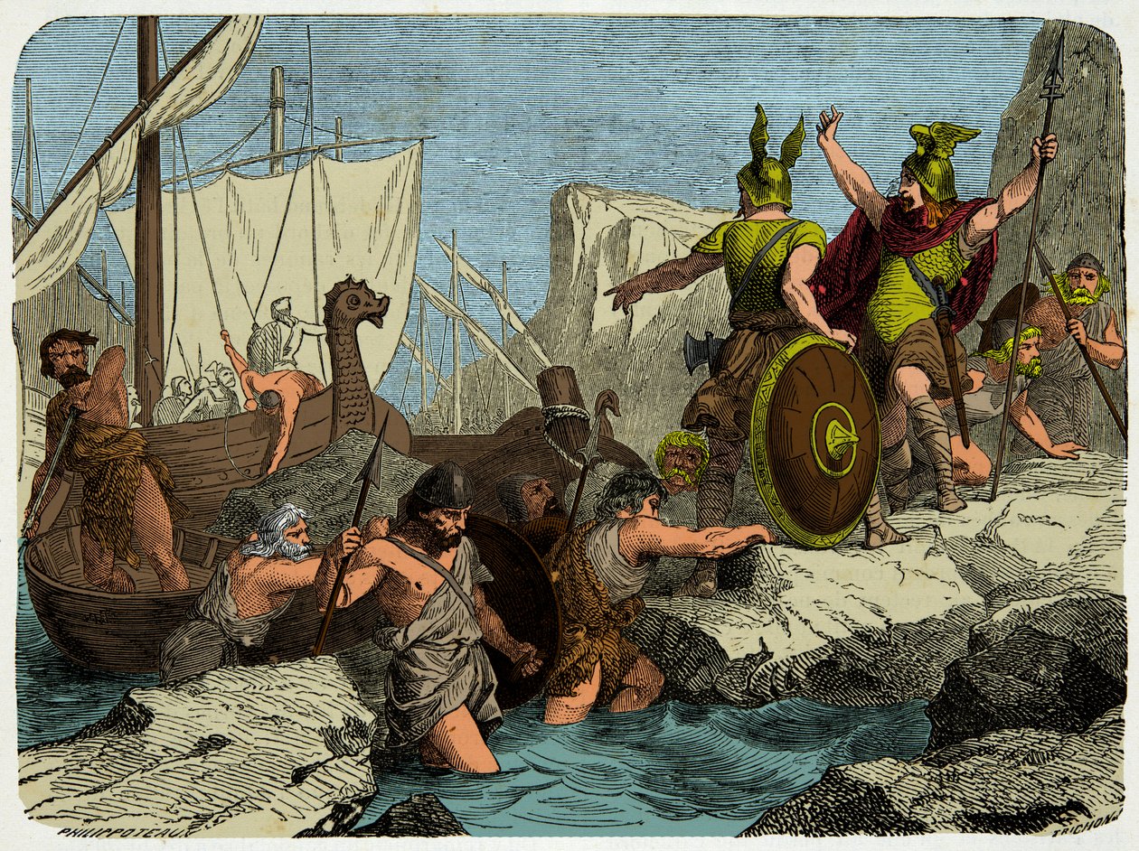 Vikingerne går i land på den franske kyst i 911, gravering 1800-tallet af Unknown artist