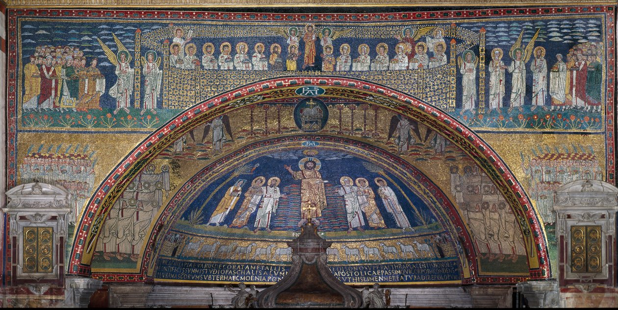 Visionen om det himmelske Jerusalem: De udvalgte bydes velkommen af englene. Nedenfor Guds lam. Detalje. Mosaik omkring 830. Triumfbue for basilikaen Santa Prassede, Rom af Unknown artist