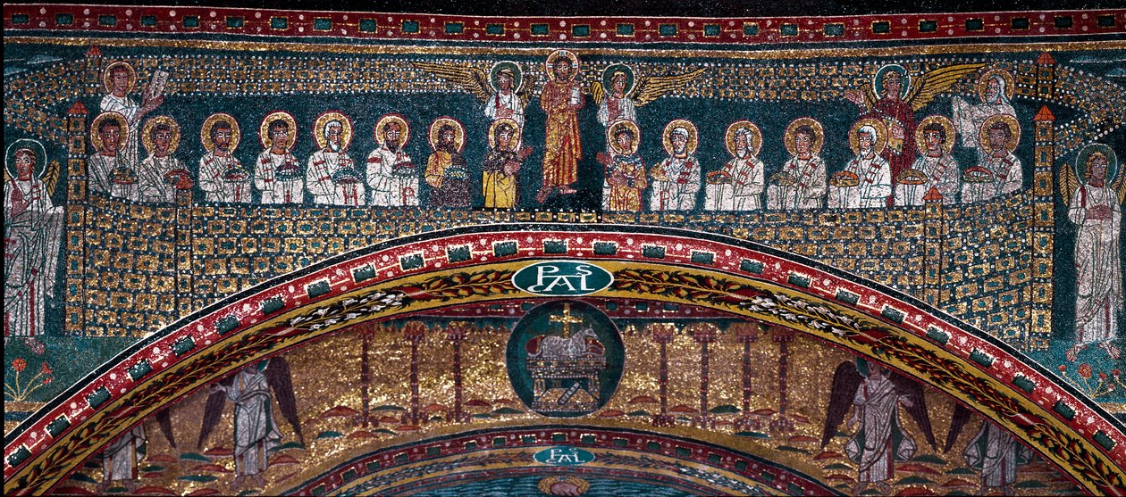 Visionen om det himmelske Jerusalem: De udvalgte bliver budt velkommen af englene. Nedenfor Guds lam. Detalje. Mosaik omkring 830. Triumfbue for basilikaen Santa Prassede, Rom af Unknown artist