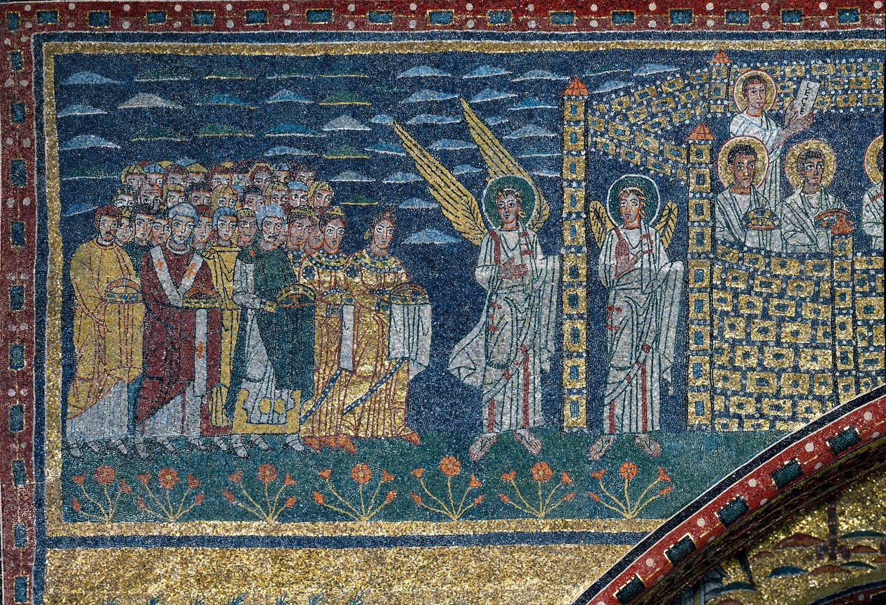 Visionen om det himmelske Jerusalem: De udvalgte bevæger sig mod byen bevogtet af engle. Detalje. Mosaik omkring 830. Triumfbue for basilikaen Santa Prassede, Rom af Unknown artist