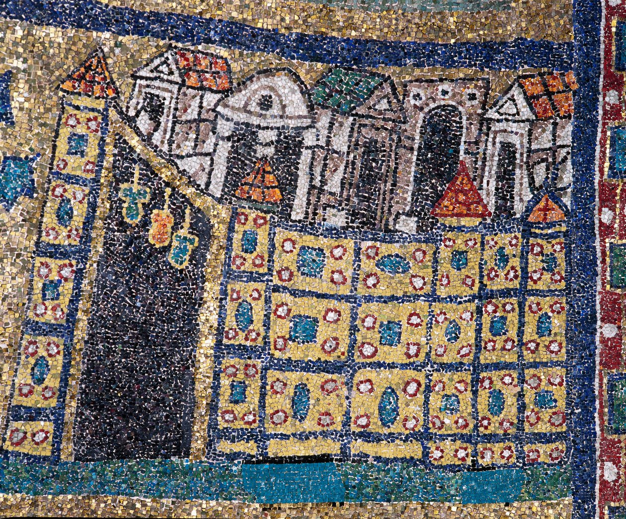 The Vision of Celestial Jerusalem: detalje af Jerusalem repræsenteret i befæstet citat. Mosaik omkring 830. Triumfbue for basilikaen Santa Prassede, Rom af Unknown artist