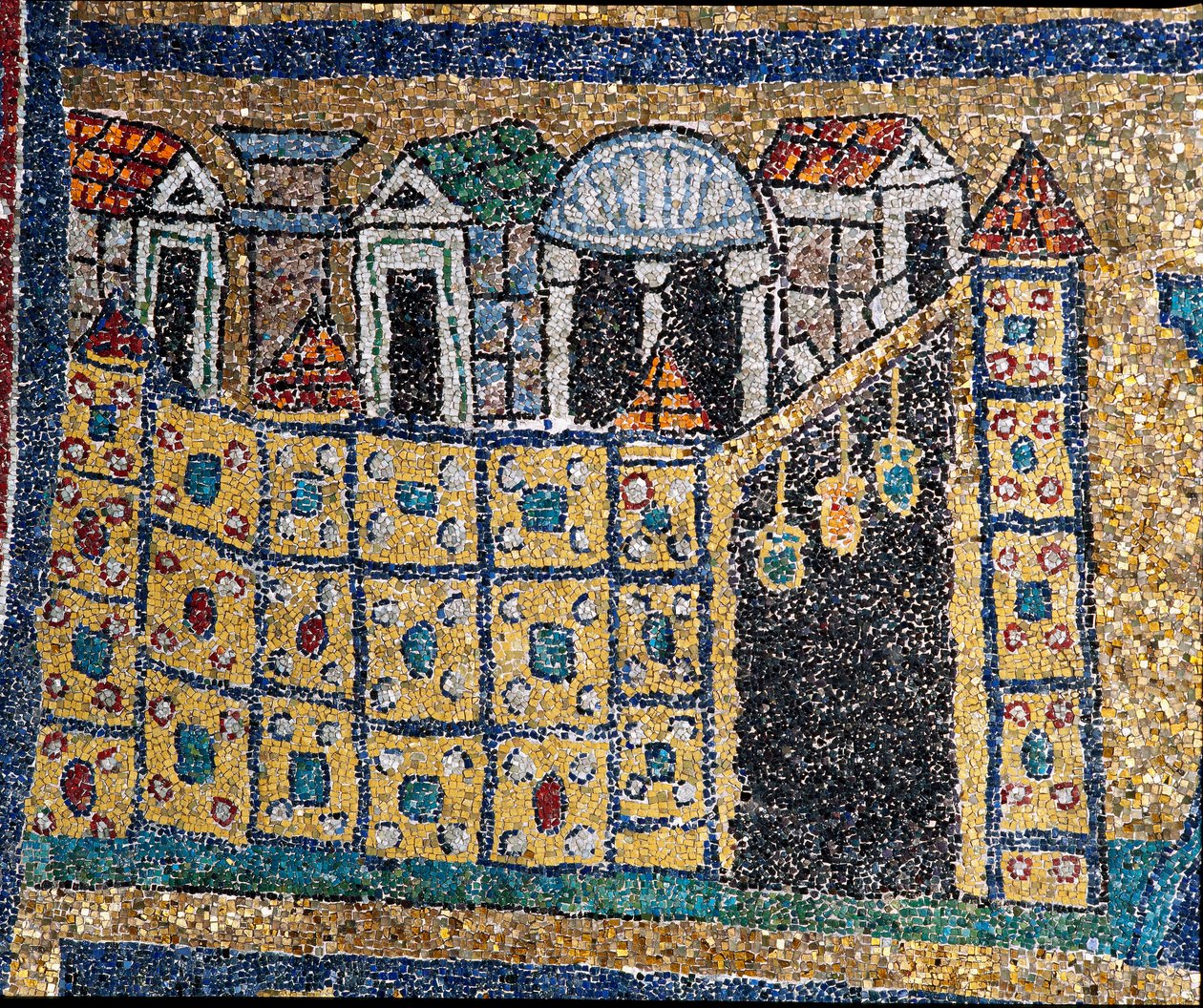 The Vision of Celestial Jerusalem: detalje af Jerusalem repræsenteret i befæstet citat. Mosaik omkring 830. Triumfbue for basilikaen Santa Prassede, Rom af Unknown artist