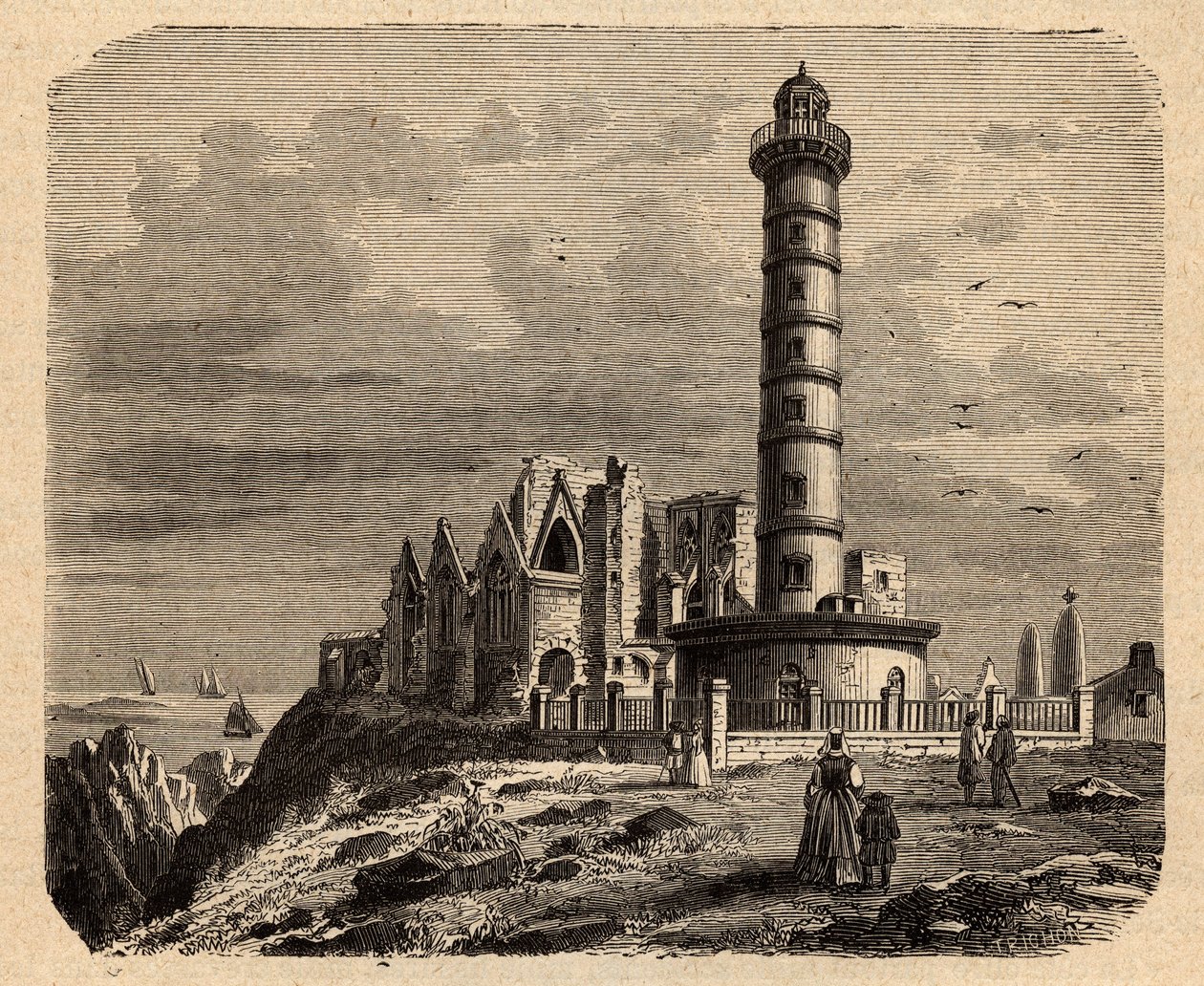 Klosteret Saint Mathieu de Fine Terre - Bretonsk kloster - Abbaye Saint-Mathieu de Fine-Terre - gravering i "" PATRIE"" - PECTUREQUIREQUE BESKRIVELSE AF FRANKRIG I 6 BIND AF LUCIEN HUARD - slutningen af ​​1800-tallet af Unknown artist