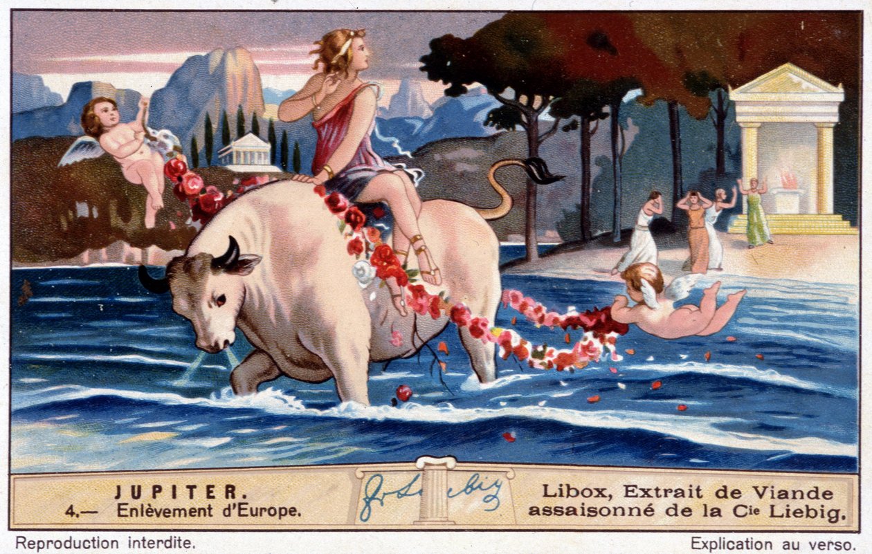 Bortførelsen af Europa af Jupiter, ligner en hvid tyr - Libox kromolitografi, produceret Liebig af Unknown artist