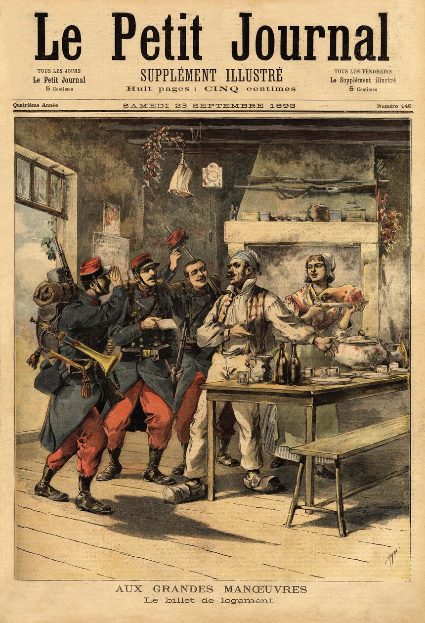Indkvarteringsbilletten, stillet til rådighed af hæren til sine soldater i felten for at anmode om indkvartering fra civile. Indgravering i "" Le petit journal"" 23/09/1893. Selvas samling. af Unknown artist