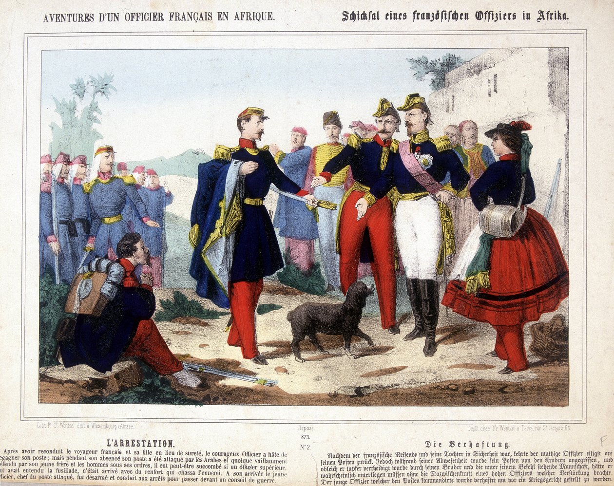 En fransk officers eventyr i Afrika. Den unge officer, lederen af en post, der blev angrebet af araberne, blev afvæbnet og bragt til arrestation for et krigsråd. af Unknown artist