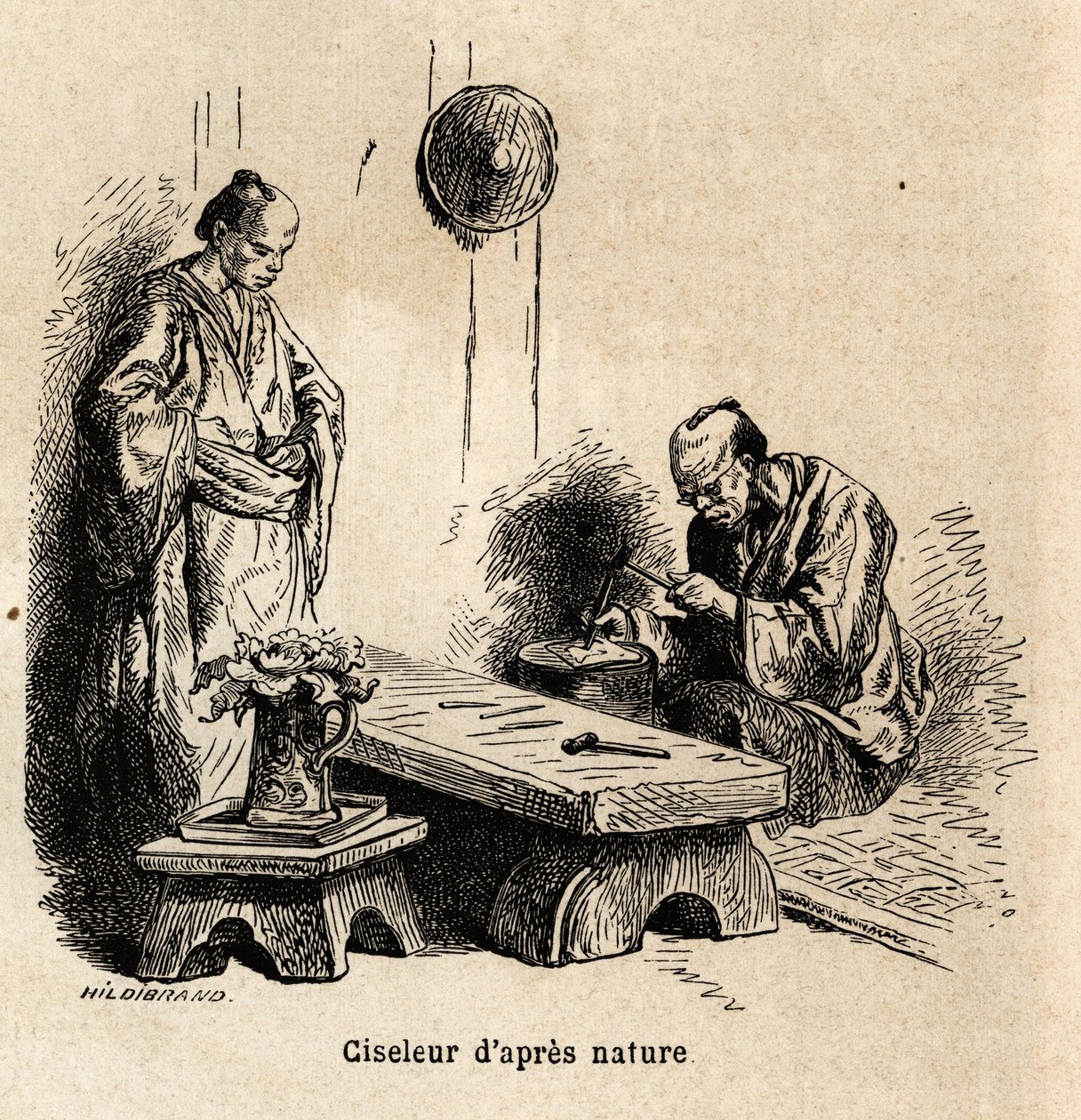 Efternaturmejsleren. Indgravering til illustration af rejsen til Japan i 1863-1864 af Aime Humbert, minister for Det Schweiziske Forbund, i "Le tour du monde, nouveau journal des voyages", udgivet under ledelse af Edouard Charton af Unknown artist
