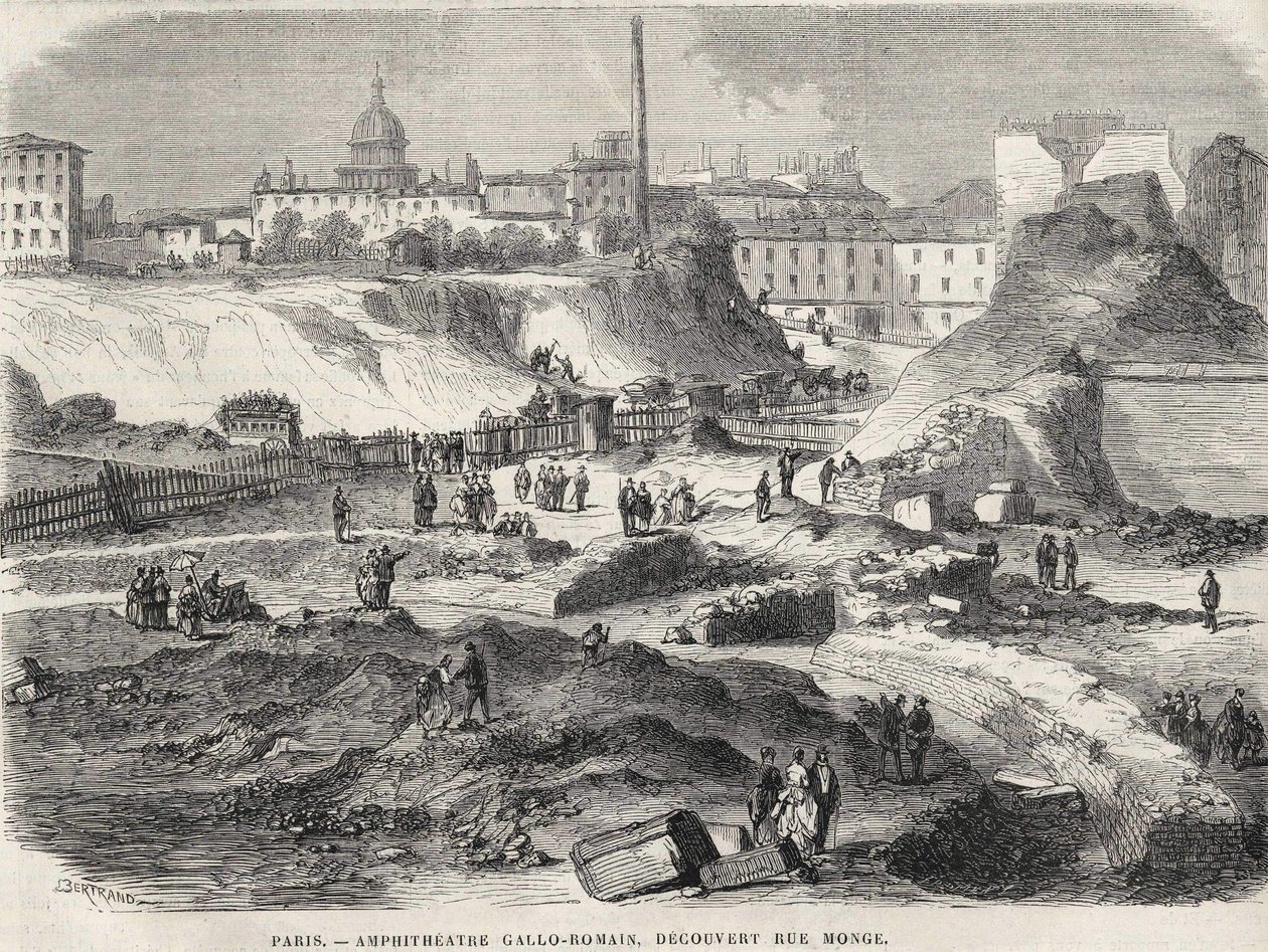 Amfiteateren Gallo Romain opdagede i Rue Monge i Paris i 1870, i dag Arenes de Lutèce. Indgravering af det 19. århundrede. af Unknown artist