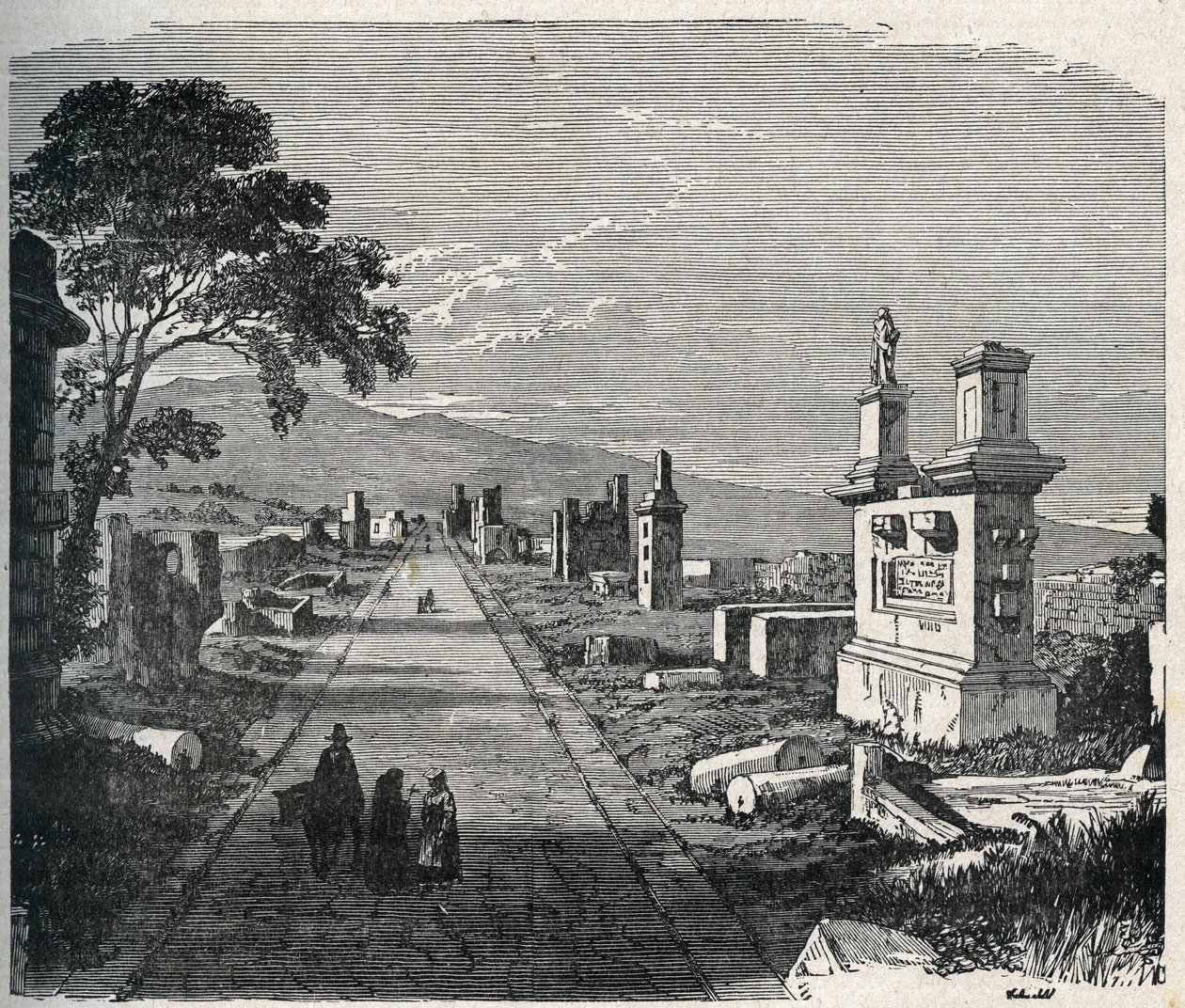 Den gamle Appia-rute, via Appia krydser pontins-mossen (Agro pontino) nær Rom. Indgravering af det 19. århundrede. af Unknown artist