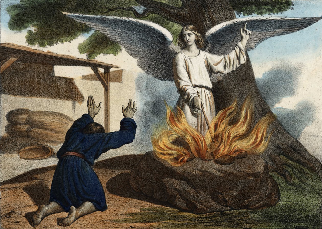Englen dukker op i Gideon (Gideon) for at befri Israels folk fra madianitternes besættelse. Anonym stik fra midten af 1800-tallet. af Unknown artist