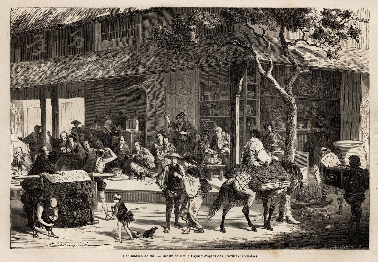 Animationen af et hus og gadens aktiviteter. Indgravering til illustration af rejsen til Japan i 1863-1864 af Aime Humbert, minister for Det Schweiziske Forbund, i "" Le tour du monde, nouveau journal des voyages"" udgivet under ledelsen af Unknown artist