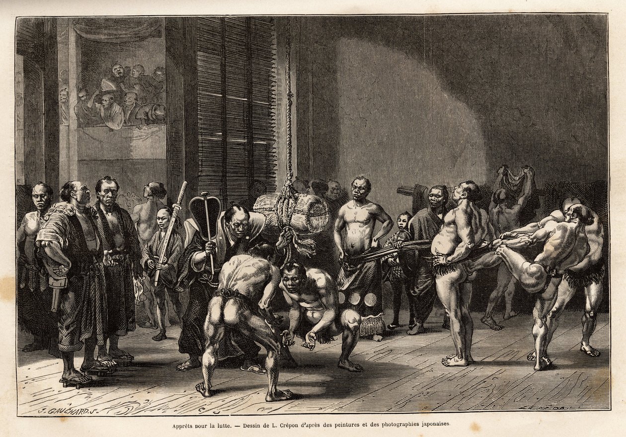 Atleterne til sumobrydning varmer op, strækker sig, bliver stylet og koncentrerer sig, før de kæmper. Gravering til illustration af rejsen til Japan af Aime Humbert, minister for Det Schweiziske Forbund, i 1863-1864, udgivet i "" le tour du monde"", af Unknown artist