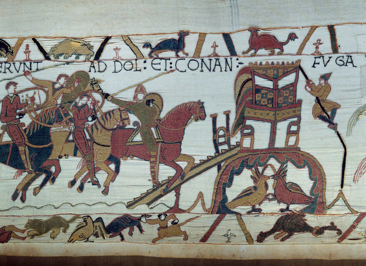 Vilhelm Erobrerens (1027-1087) væbnede tog til kamp mod hertugen af Bretagne, ankom til Bayeux. Harold er lige blevet slået til ridder af Guillaume. Detail of the Bayeux Tapestry or Brodery of the Queen Mathilde af Unknown artist