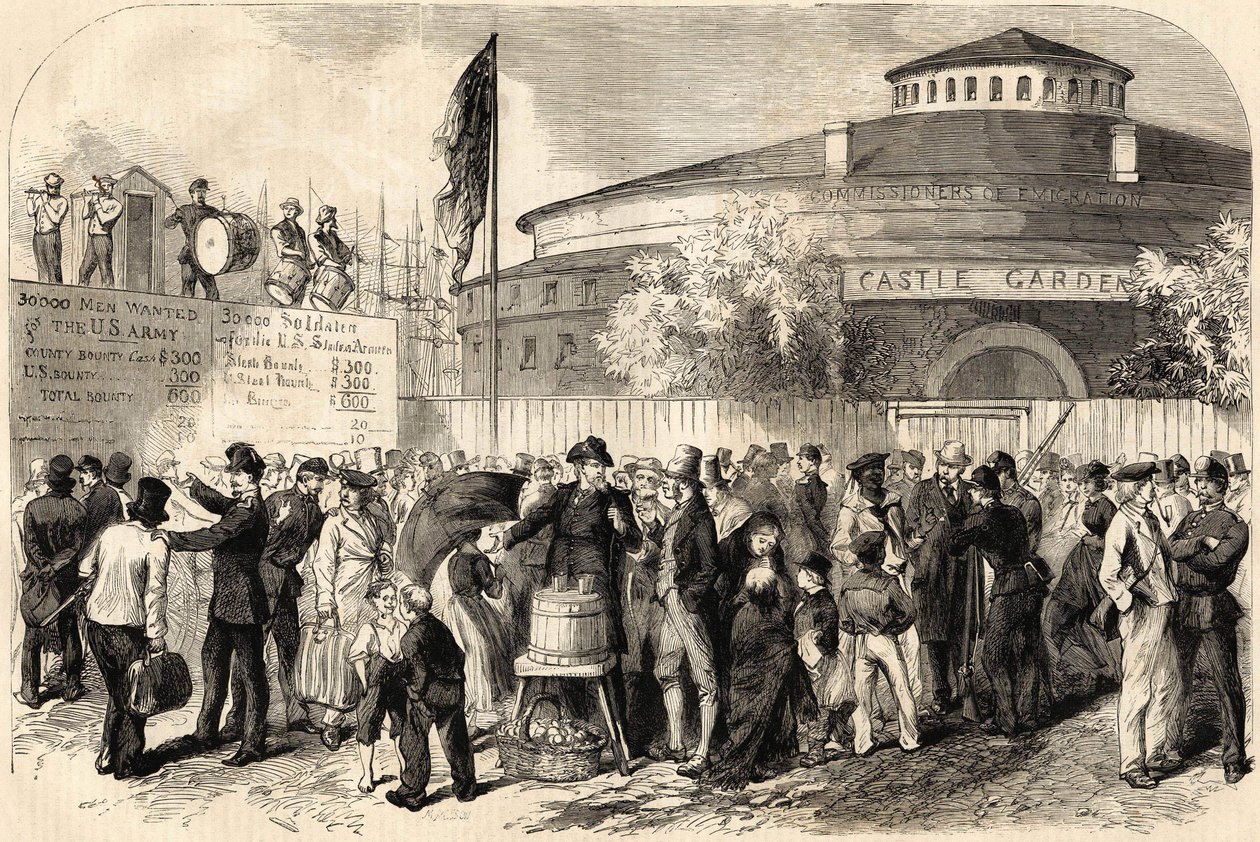 Emigranternes ankomst til New York i april 1865. Tegning af Mr. Shanly. 1800-tals gravering. af Unknown artist