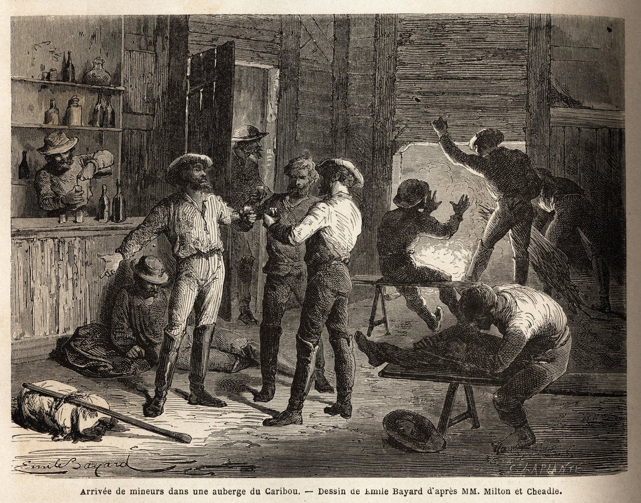 Ankomsten af minearbejdere til en Caribou kro (Canada), scener med afslapning og genforening, over en drink. Gravering til illustration af rejsen fra Atlanterhavet til Stillehavet (route du nord ouest par les terres), i 1862-1864 af Viscount Milton og Doct af Unknown artist