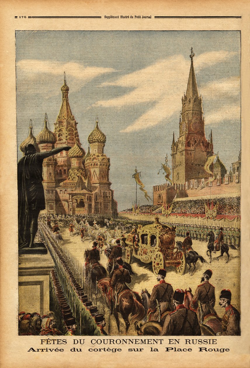 Ankomsten af kortegen på Den Røde Plads (Moskva), i anledning af kroningen af zar Nicholas II (1868-1918). Indgravering i "" Le petit journal"" 31/05/1896. Selvas samling. af Unknown artist