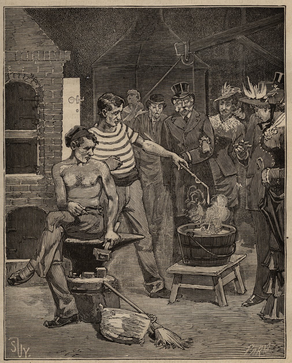 Glaskunsten: oplevelse af bataviske tårer. Dråber af smeltet glas falder ned i et koldt vandbad, som fryser i form af tårer. Indgravering fra 1885 i "" Les arts et metiers illustres"" af Adolphe BITARD. af Unknown artist