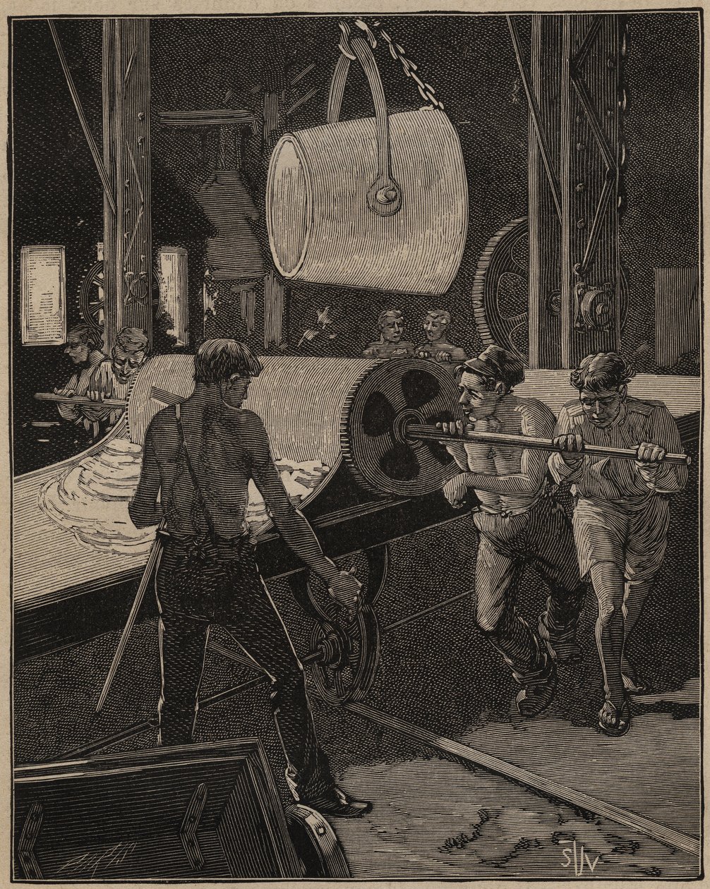 Glaskunsten: at lave is. Trin kaldet "det store flow". Indgravering fra 1885 i "" Les arts et metiers illustres"" af Adolphe BITARD. af Unknown artist