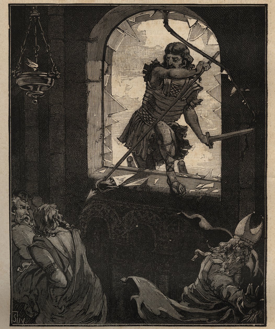 Glaskunsten: malede glasmosaikvinduer. Theodorics soldater knuser et farvet glasvindue for at komme ind i kirken Brioude (Haute Loire) i 521. Indgravering fra 1885 i "" Les arts et metiers illustres"" af Adolphe BITARD. af Unknown artist