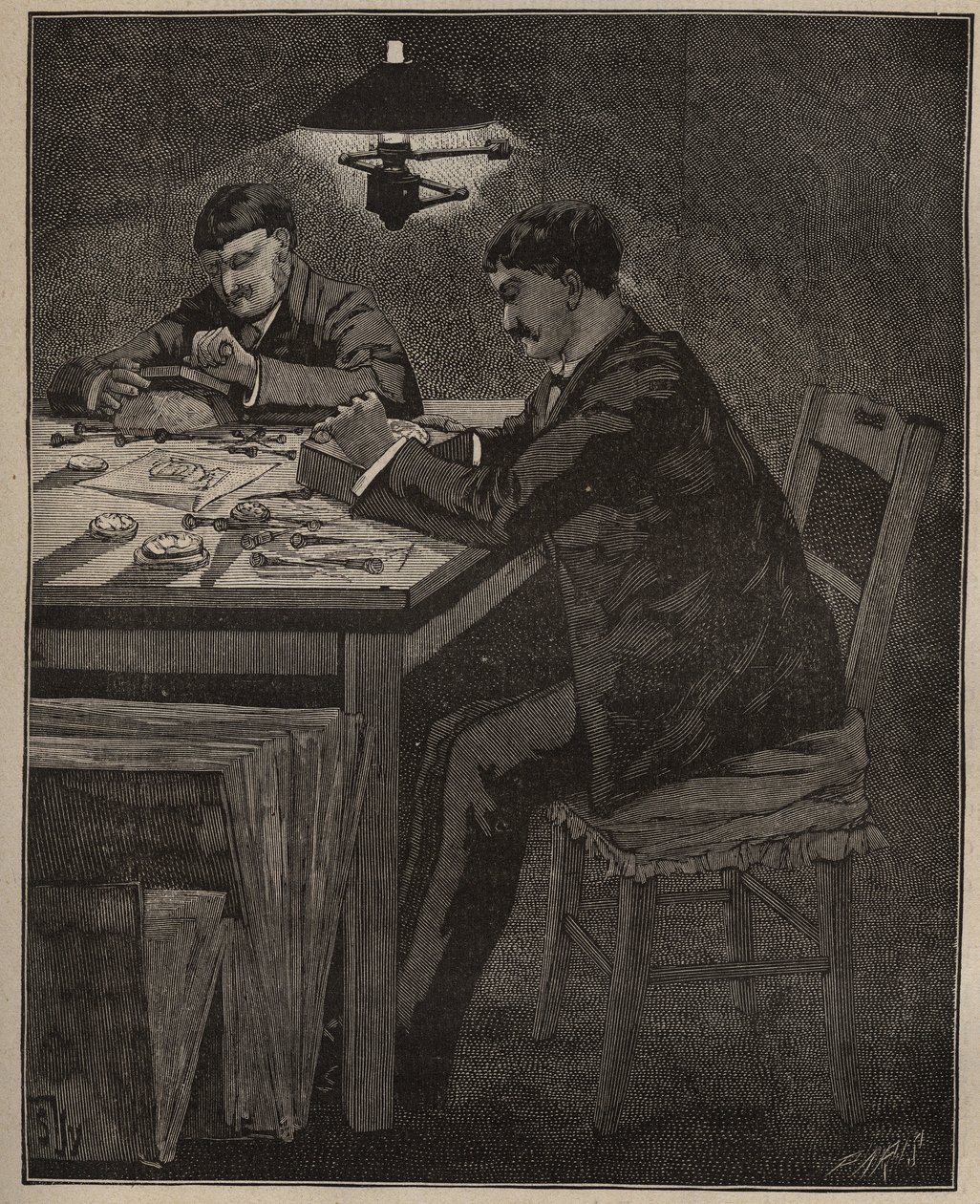 Kunsten at lapidary: indgravering af camee shell (camee-shell). Indgravering fra 1885 i "" Les arts et metiers illustres"" af Adolphe BITARD. af Unknown artist