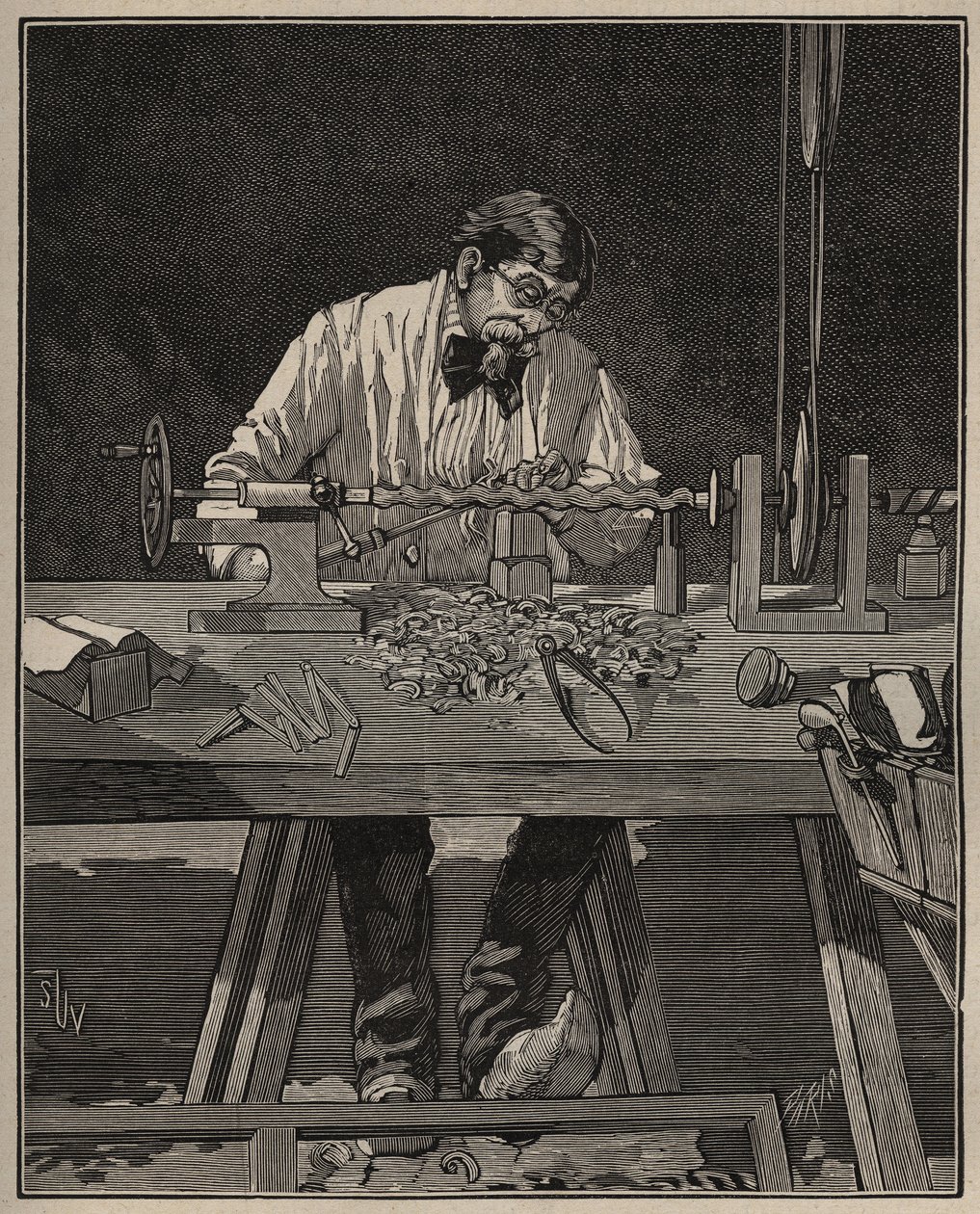 Drejebænkens kunst: faconering af en torso-søjle. Indgravering fra 1885 i "" Les arts et metiers illustres"" af Adolphe BITARD. af Unknown artist