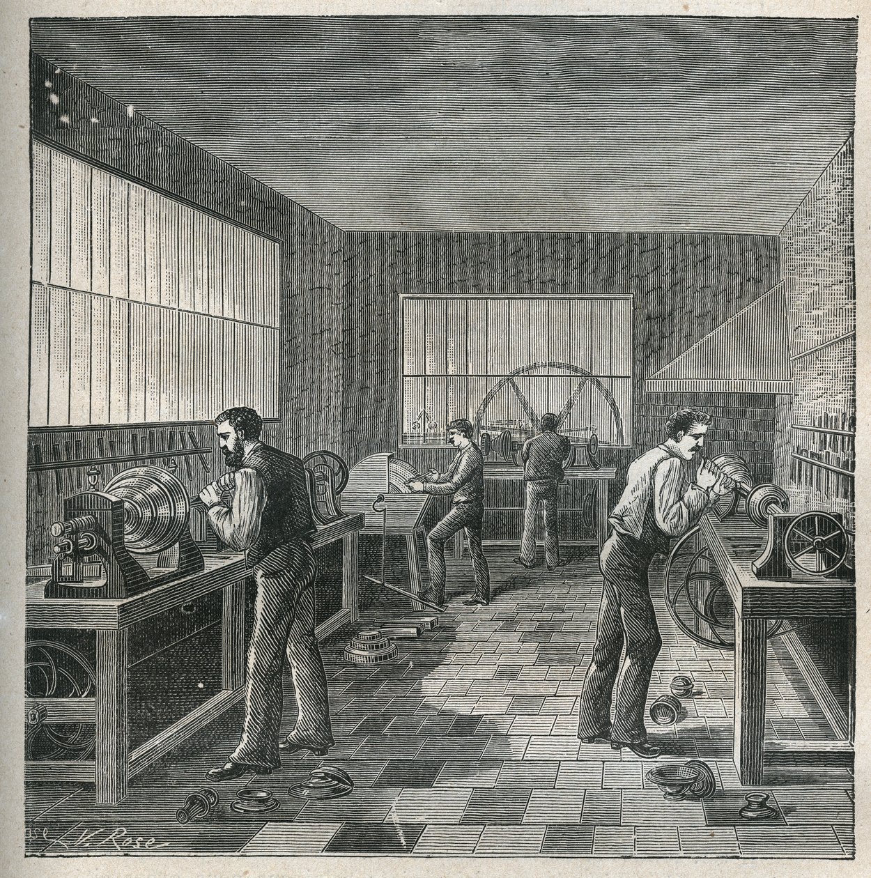 Drejebænkens kunst: metalarbejde i et værksted af en dreje-afviser. Indgravering fra 1885 i "" Les arts et metiers illustres"" af Adolphe BITARD. af Unknown artist