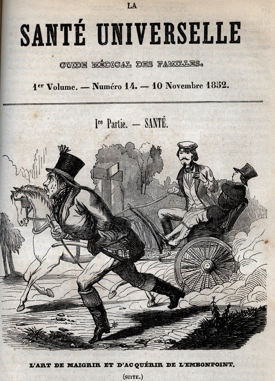 Kunsten at tabe sig og blive overvægtig: en mand går, mens en anden bliver transporteret i en vogn - indgravering i "La Sante Universelle - Guide Medical des Familles"" 1852 af Unknown artist